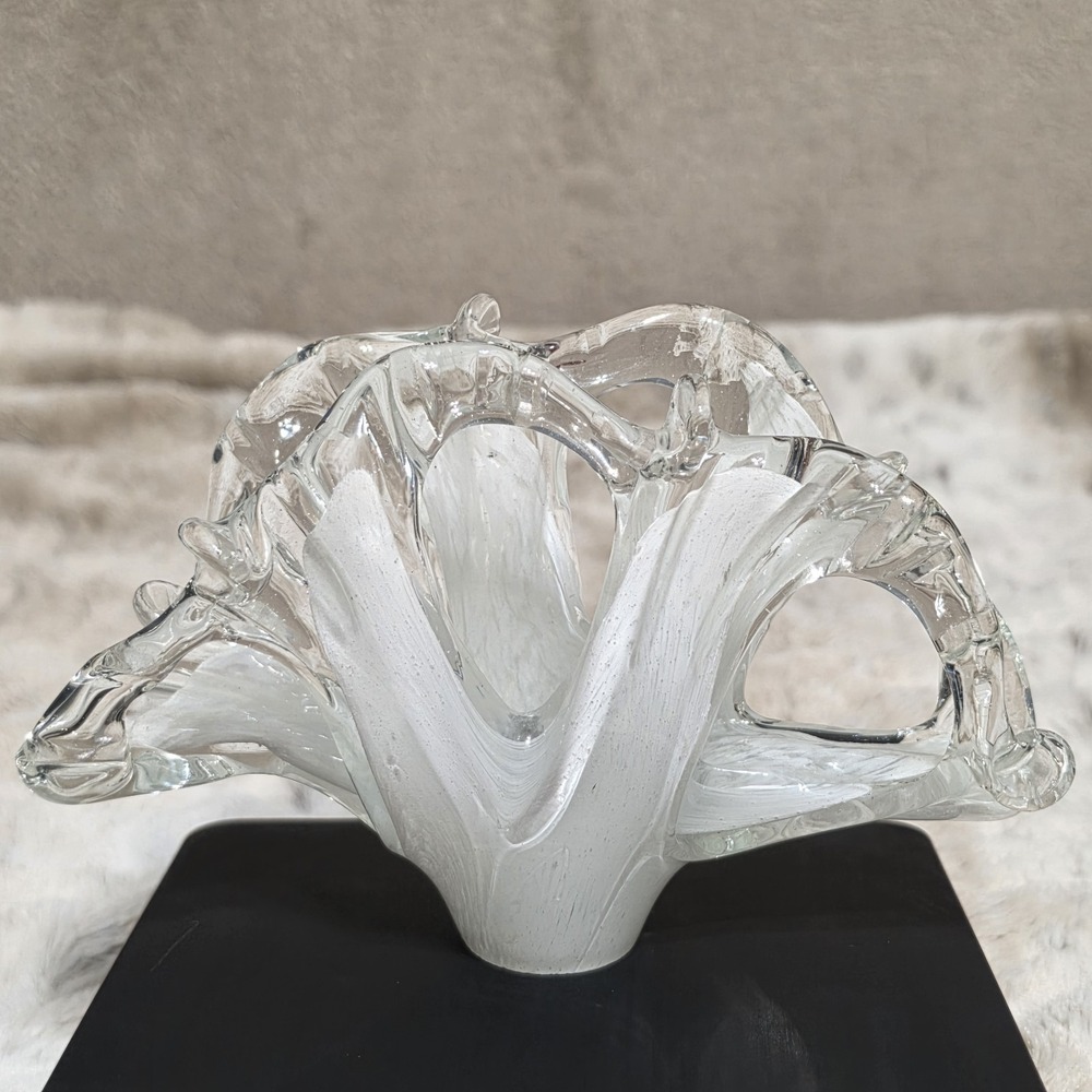 Vintage Murano Art Glass Napkin/Letter Holder White Clear Freeform Splash/Wave